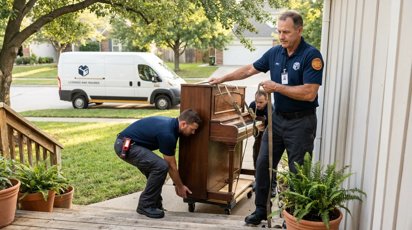 Licensed piano movers securing grand piano in Pocola, OK